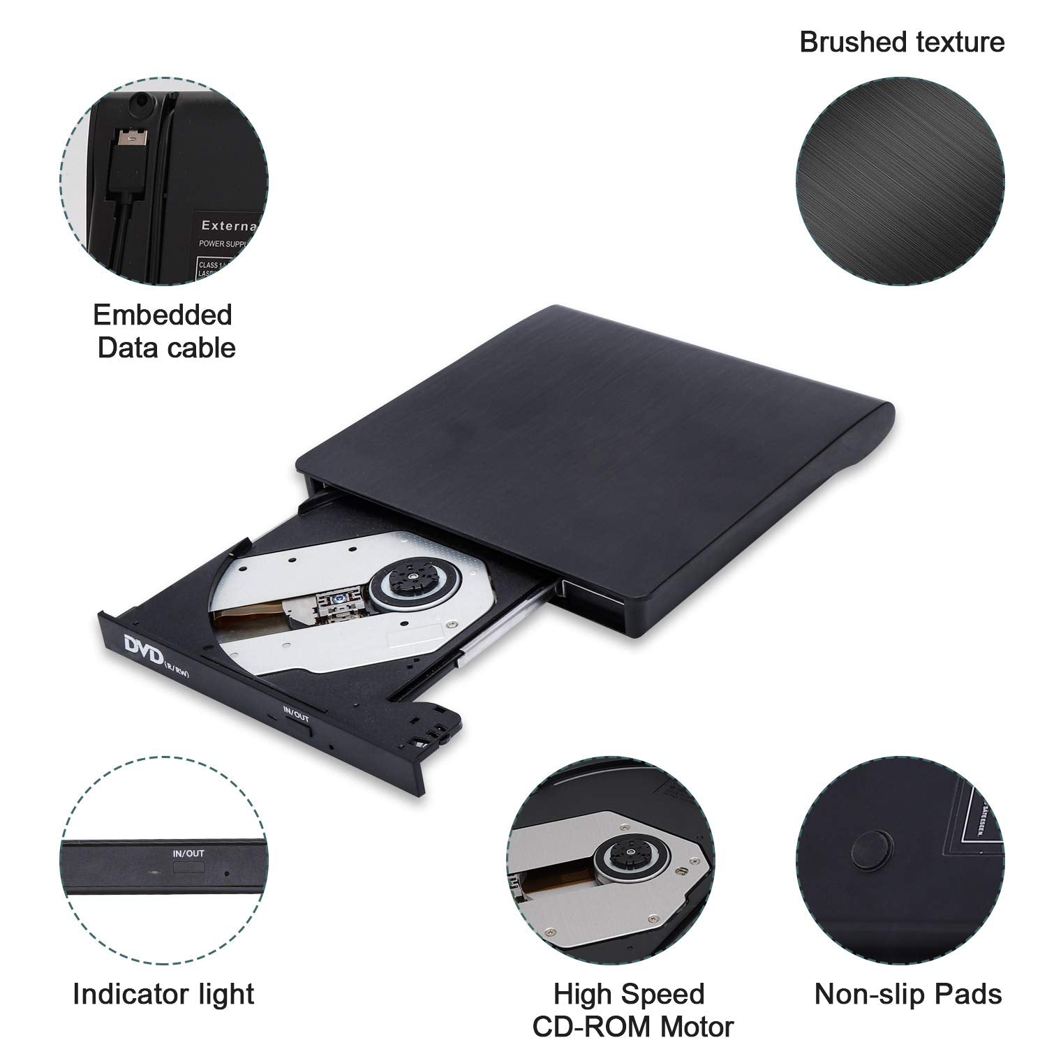External Cd/Dvd Drive For Laptop, Usb 3.0 Portable Dvd Cd+/ Rw Drive Slim Dvd/Cd Rom Rewriter Burner Writer, High Speed Data Tra